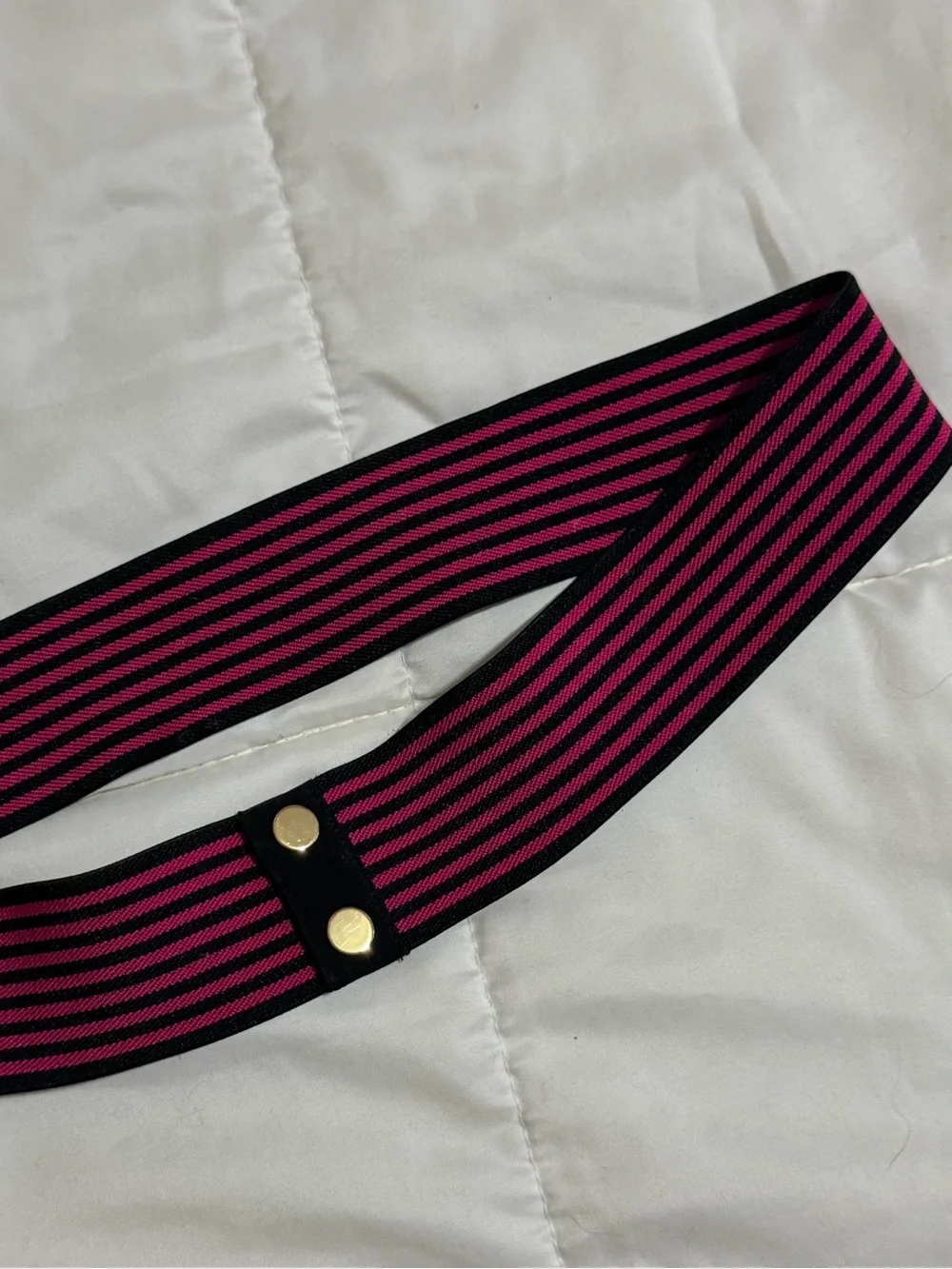 Diane Von Furstenberg Pink and Black Striped Elastic Waist Belt with Gold Snaps